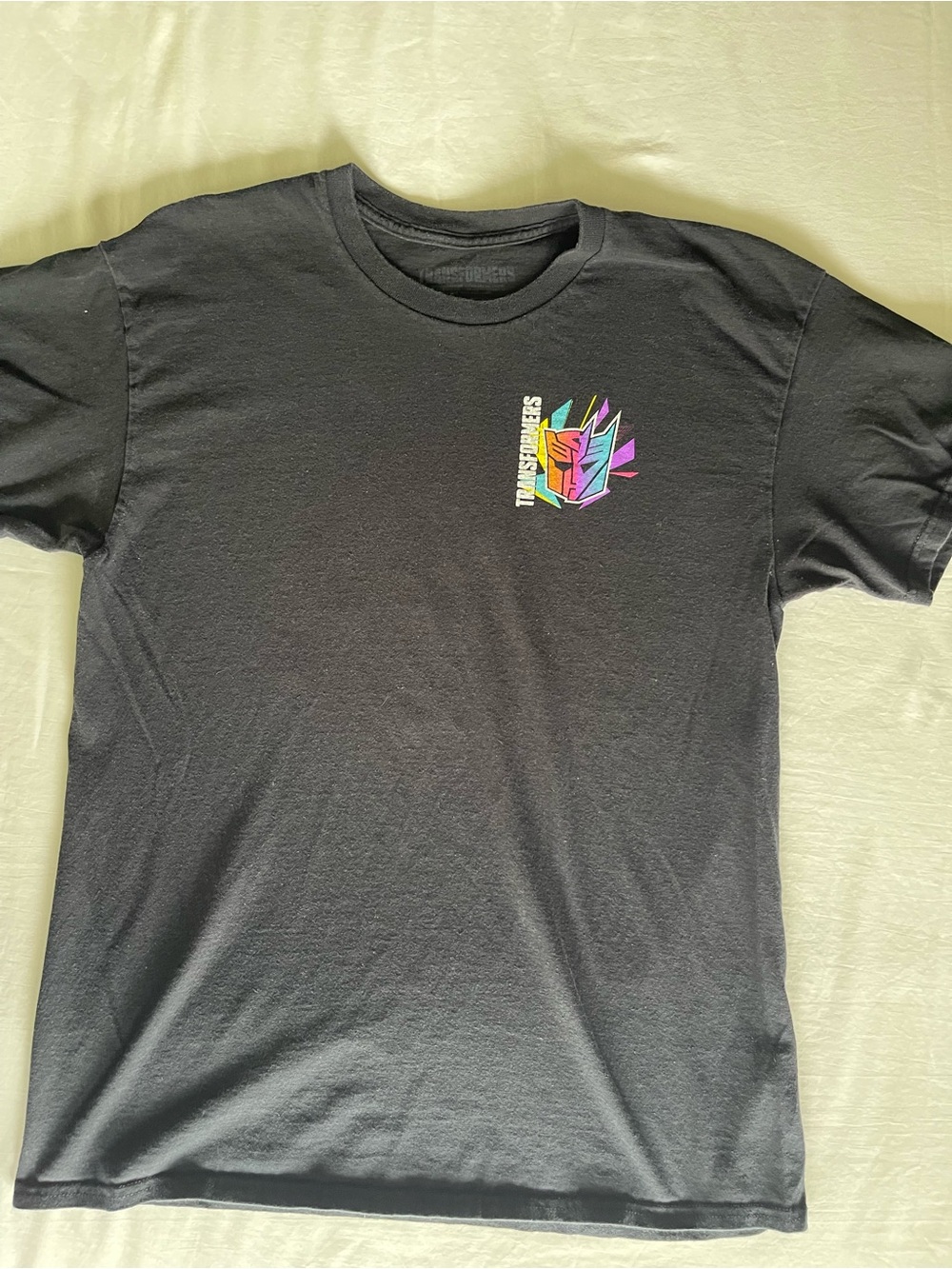 Transformers Mens Black Graphic Short Sleeve Tee Retro Synthwave Logo Shirt L